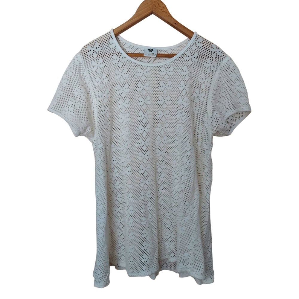 ISLANDER Beach Cover Up Ivory Crochet Knit Mesh Short Sleeve Vacation Boho Coast
